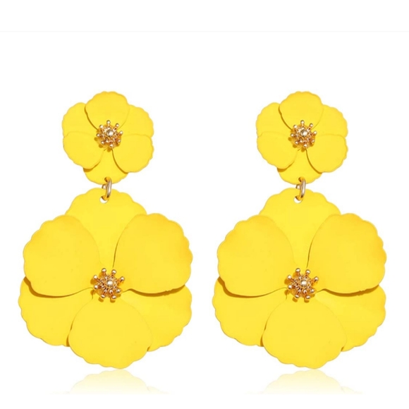Yellow Double Flower Earrings 2.5" Floral Statement Jewelry Large Flowers New - Picture 4 of 5
